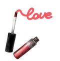 Women`s gel lip gloss outdoor bottle tassel written word love Royalty Free Stock Photo