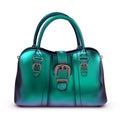 Women`s glossy lacquered bag turquoise iridescent color with buckles and short handles