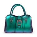 Women`s glossy lacquered bag turquoise iridescent color with buckles and short handles.