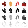 Women`s gloves, fur coat, scarf, kerchief, ladies` bag. Women`s clothing and accessories set collection icons in cartoon Royalty Free Stock Photo