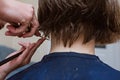 Women`s haircut at home. Hairdresser cuts a girl at home.