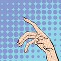 Women`s hand asking for. Women`s hand. Concept idea of advertisement and promo. Pop art retro style illustration