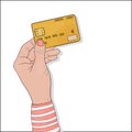 Women`s hand with a credit card to pay for purchases online.