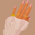 Women`s hand with delicate elegant manicure and rings. Vector fashion background