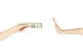 Women`s hand is giving one dollar another hand on white backgrou Royalty Free Stock Photo