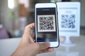 Women hand uses a mobile phone application to scan QR codes in stores that accept digital payments without money and plastic