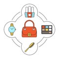 Women`s handbag contents color icons set Royalty Free Stock Photo