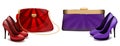 Women`s handbag and high heels fashion theater Red and purple handbag with shoes