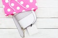 Women`s handbag with a label in a pink rose shopping bag. Shoppi Royalty Free Stock Photo