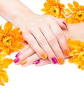 Womens hands with bright manicure and flowers around