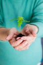 Hands carefully hold a young sprout with earth and roots