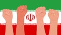 Women\'s hands clenched into a fist on the background of the Iranian flag. Royalty Free Stock Photo