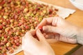 Women`s hands close-up fingering a forest berry