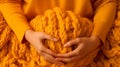 Women\'s hands close-up, knitting, Crochet.top view on pure soft yellow background.AI generated