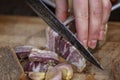 Women's hands cut lard. An appetizing traditional appetizer of Russian and Ukrainian cuisine. Close-up