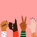 Women`s hands of different ethnicities. Vector concept of the struggle for equality