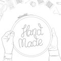 Women`s hands and embroidery hoops with creative lettering on a white background. Hand-drawn.