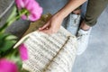 Women`s hands gently hold a music notebook, a romantic refined nature loves classical music