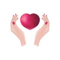 Women s hands with a heart. A red heart in women s palms. A heart warmed by the warmth of women s hands. Romantic vector