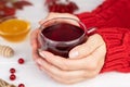 Women\'s hands hold a mug with hot viburnum tea. Seasonal vitamin drink. Close-up. Selective focus