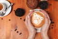 Women`s Hands Holding A Cup Of Coffee With A Painted Teddy Bear Latte Art. Vintage Color. Coffee Shop Concept