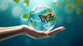 Women\'s hands holding green planet butterfly drinking potable water from the globe, AI generated Royalty Free Stock Photo