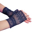 Women's hands in lace gloves closeup, isolated on a white background Royalty Free Stock Photo