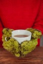 Women`s hands in mittens holding a mug on the background of a knitted sweater, wooden background.