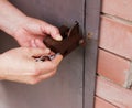 Women's hands open a rusty lock with keys. Lock on a metal door. Security Royalty Free Stock Photo