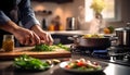 Women\'s hands prepare a salad in the kitchen, cutting fresh vegetables. Royalty Free Stock Photo