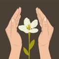 Women`s hands protect nature. Flower. Vector stock illustration eps10. Royalty Free Stock Photo
