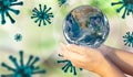 Women`s hands protecting planet Earth from a pandemic infectious of the Coronavirus Covid-19 virus. Some elemets of this image Royalty Free Stock Photo