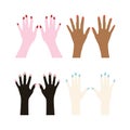 Women`s hands. Racial diversity. Hand care, manicure. Beautiful hands with a variety of skin colors and colored manicure. Royalty Free Stock Photo