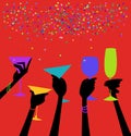 Women`s Hands Raising Glasses in a Toast on a Red Background