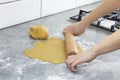 Women`s hands roll out the dough. Preparation of dough, cookies, bread Royalty Free Stock Photo