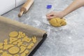 Women`s hands roll out the dough. Preparation of dough, cookies, bread. Royalty Free Stock Photo