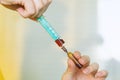 Women`s hands take medicine with a syringe from an ampoule at home close-up. Female nurse the hand of a medical worker holds a syr Royalty Free Stock Photo