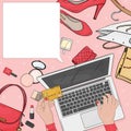Women`s hands use a credit card and laptop to pay for online purchases with credit cards. Template.