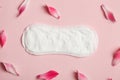 cotton white sanitary pad with fresh pink flower petals on pastel rose background, menstruation cycle, intimate hygiene, top view Royalty Free Stock Photo