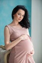 Women`s health and pregnancy. Beautiful pregnant woman in a soft pink dress is standing by the window and hugging her
