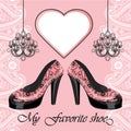 Women's high heel shoe, label , chandeliers