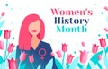 Women`s History Month is celebrated in March. Beautiful women with female symbol and tulips. Women are granted rights