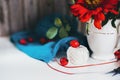 A bouquet of dogrose and red flower in a vase, yarn balls, needles, knitwear, on a white table in the cozy home. Royalty Free Stock Photo