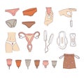Women`s hygiene supplies for menstruation: underpants, pads, tampons, menstrual cup