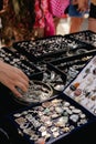 Women\'s Jewelry, small business. Handmade Colored Bracelets on the counter of a street market. Close-up. Selective