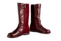 Women`s leather boots in burgundy, fastened with a zipper. Background for women`s shoes