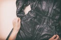 Women`s leather jacket. The view from the top.