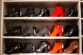 Women`s leather shoes in a supermarket, suede shoes in a fashion boutique Royalty Free Stock Photo