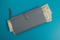 Women`s leather wallet studio image. Dollar bills. Gray womens wallet with banknotes. Dollars in a wallet Royalty Free Stock Photo