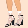 Women`s legs in black shoes and white socks with daisies. Vector fashion illustration Royalty Free Stock Photo